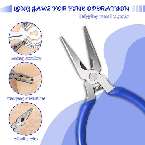 12-Piece Needle Nose Set with Wire Cutters, 5-Inch Mini Long Nose Pliers in Blue/Yellow/Red, Spring Loaded Precision Pliers for Crafts, Jewelry Making, Electronics Repair & Tiny Projects