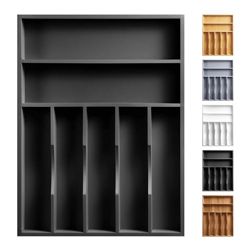 Kitchen Bamboo Silverware Organizer, Kitchen Drawer Organizer - Utensil Holder and Cutlery Tray with Grooved Drawer Dividers for Flatware 7 Slot, Black - color: Black, size: 7 Slots