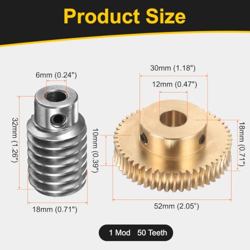 uxcell Worm Gear Set 50T 1 Module 50:1 Reduction Rate, 12mm/6mm Bore - size: 12mm/6mm Bore (1Mod 50T)