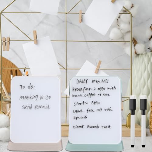 Dunzoom 2 Sets 4 Pcs Small Glass Desktop Whiteboard with Reversable Stand 8x6 Inch Mini Dry Erase White Board Easel with 2 Markers Reusable Desk Notepad for Home Office School Supplies (White,Green) - color: White, Green