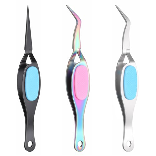 3 PCS Reverse Tweezers for Crafting, Precision Reverse Tweezers with Soft Grip Crossing Lock Stainless Steel Precision Tweezer Set Fine Point and Curved/Straight Tips for Stickers, Jewelry Repair