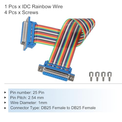 MECCANIXITY IDC Rainbow Wire Flat Ribbon Cable DB25 Female to DB25 Female 8 Inch Length 2.54mm Pitch Breadboard Jumper Wires for Electronic Projects - size: 8 Inch, style: DB25 Female to DB25 Female