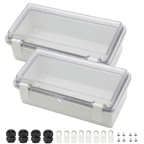 Zulkit 2pcs Junction Box ABS Plastic Dustproof Waterproof IP65 Electrical Boxes Hinged Shell Outdoor Universal Project Enclosure Clear Cover with 2 Cable Glands 7.9 x 3.9 x 2.8 inch (200x100x70mm) - size: 7.9" x 3.9" x 2.8"(2pcs)