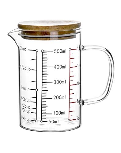 QWORK Glass Measuring Cup, 500ML (18 Oz, 2 Cup), High Borosilicate Glass Scale Cup with Handle and Durable Bamboo Lid, for Kitchen or Restaurant - size: 1 Pack