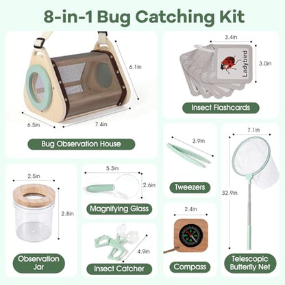 FIIOEOY Wooden Bug Catcher Kit for Kids - 8-in-1 Outdoor Explorer Set with Magnifying Glass, Butterfly Net STEM Learning Toys for Ages 3-8 Nature Gift for Boys & Girls