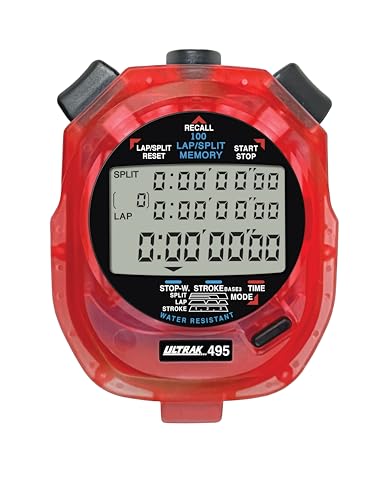 ULTRAK 495 Stopwatch – Red Professional 100-Lap Digital Timer, Countdown Interval Tracker, Water-Resistant Sports Watch, Chronograph for Coaching & Training - color: Red