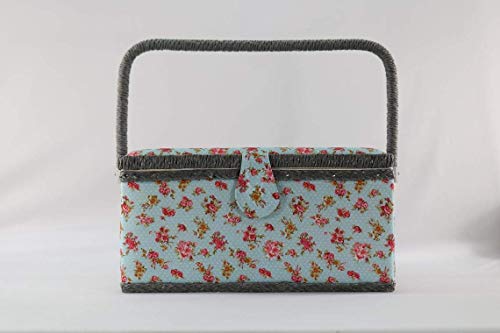 Sewing Basket with Blue Pink Rose Floral Design - Sewing Kit Storage Box with Removable Tray, Built-in Pin Cushion and Interior Pocket - by Adolfo Design - color: Blue Rose, size: Large - 12" x 9" x 6"