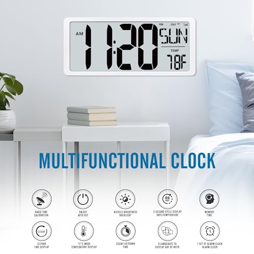 TXL 18.44" Large Amotic Digital Wall Clock with Backlight, Battery Operated Alarm Clock with Day, Date & Temperature, Jumbo Display Digital Count Up Down Timer Clock for Hoom,Classroom Room,Office - color: White Atomic Backlight-18.44in