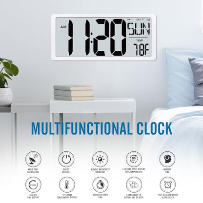 TXL 18.44" Large Amotic Digital Wall Clock with Backlight, Battery Operated Alarm Clock with Day, Date & Temperature, Jumbo Display Digital Count Up Down Timer Clock for Hoom,Classroom Room,Office - color: White Atomic Backlight-18.44in