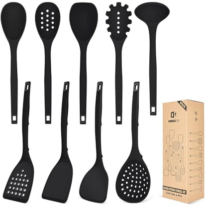 BUNDLEPRO Silicone Cooking Utensils Set, 9 Pcs Kitchen Utensils, One-Piece - color: Black