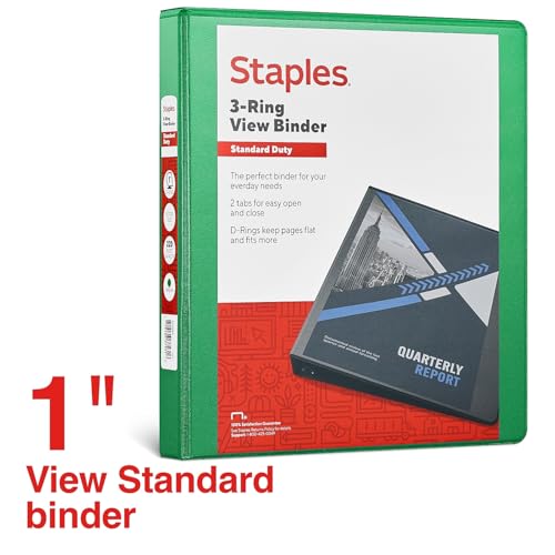 Staples Standard 1-Inch Round Ring View Binder, Green, 175 Sheets - color: Green, size: 1-Inch, style: 1 Pack