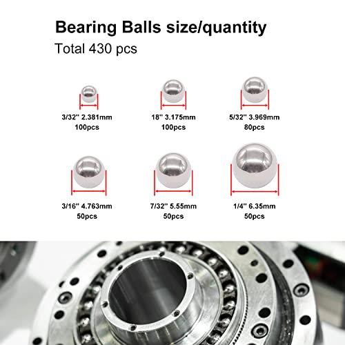 weideer 430pcs Stainless Steel Precision Steel Balls Bicycle Bearing Balls Metal Mixing Balls Assortment Kit 1/4" 7/32" 3/16" 5/32" 1/8" 3/32" K-086-430 - size: SS 6size 430PCS SAE