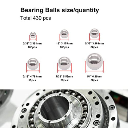 weideer 430pcs Stainless Steel Precision Steel Balls Bicycle Bearing Balls Metal Mixing Balls Assortment Kit 1/4" 7/32" 3/16" 5/32" 1/8" 3/32" K-086-430 - size: SS 6size 430PCS SAE