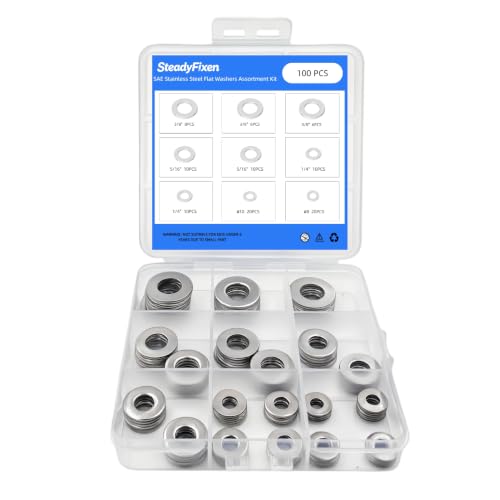 100PCS 8#10#1/4" 5/16" 3/8" Silver 304 Stainless Steel Flat Washers Kit - size: 100PCS,Silver,#8,#10,1/4",5/16",3/8"