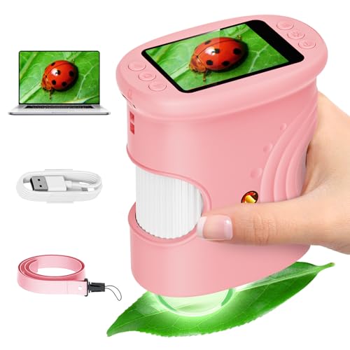 Alotwan Kids Microscope Digital 1000X Zoom, Mini Pocket Handheld Microscope Portable Travel Toys, HD Camera Video Magnifying Glass, Christmas Birthday Gifts for Girls, STEM Toys for Toddlers Age 3-8 - color: Pink