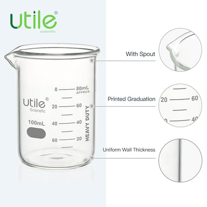 Utile 100ml Glass Beaker Set, 24pcs of 3.4oz Upgraded Thickening Chemical Beakers, Low Form Borosilicate 3.3 Glass with Printed Graduation, 4000.0100.24 - style: 100 ml (24pcs)