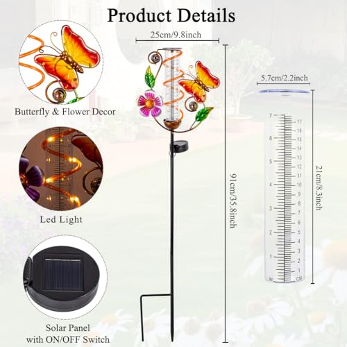 Solar Rain Gauge Outdoor, Butterfly Rain Gauges for Yard - color: Yellow Butterfly