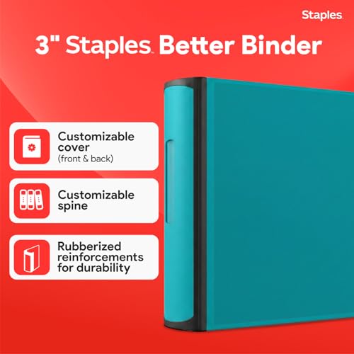 Staples Heavy-Duty 3-Inch D-Ring Binder, Teal, 600 Sheets - color: Teal, size: 3-Inch