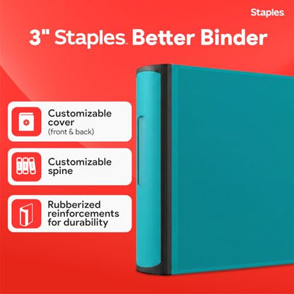 Staples Heavy-Duty 3-Inch D-Ring Binder, Teal, 600 Sheets - color: Teal, size: 3-Inch