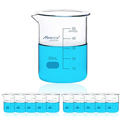1.7oz(50ml) Sturdy Glass Beaker, 3.3 Borosilicate Griffin Low Form with Printed Graduation, Pack of 10, BKL050-010 - style: Vol.50ml, Pack of 10