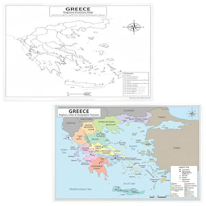 Greece Map Poster 11x17 | Laminated Double-Sided Geography Chart with Color Map Front & Blank Outline Back | Reusable Classroom & Homeschool Learning Tool - color: Greece