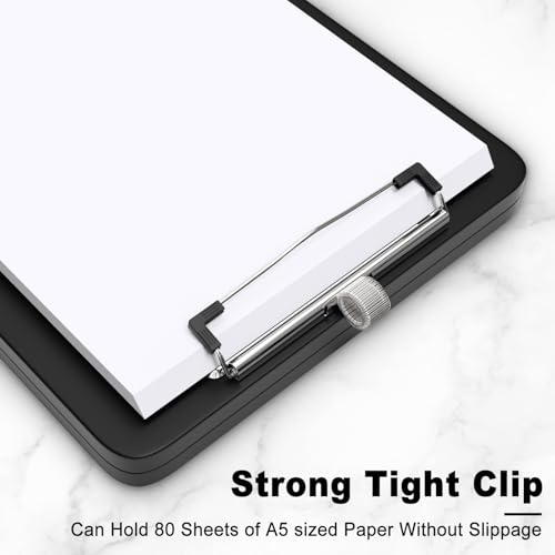 Hongri A5 Clipboard with Storage, Metal Retractable Pen Holder, Black - color: Black