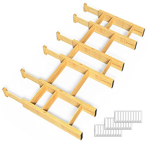 SpaceAid Bamboo Drawer Dividers with Inserts and Labels, Kitchen Adjustable Drawer Organizers, Expandable Organization for Home, Office, Dressers and Bathroom, 6 Dividers with 12 Inserts (13.25-17 in) - size: 13.25-17 inch