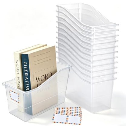 12 Pack Book Bins for Classroom Stackable Plastic Storage with Labels - color: transparent