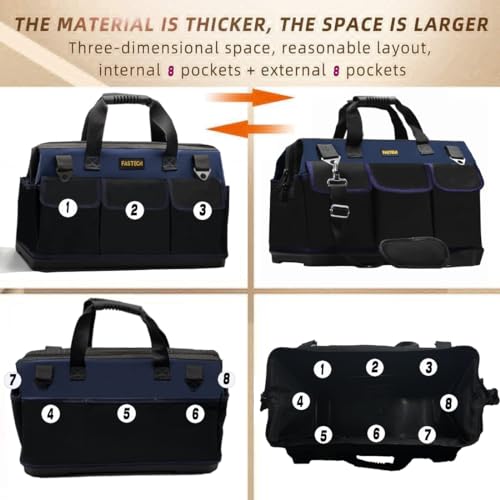 FASTECH 22in Heavy Duty Bottom Tools Bag With Wide Mouth For Tool Storage, Carrier and Organizer, Tote Bag for Men/Women, Wide Mouth Tool Bags With Inside Pockets (22 Inch) - size: 22INCH