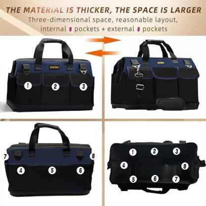 FASTECH 22in Heavy Duty Bottom Tools Bag With Wide Mouth For Tool Storage, Carrier and Organizer, Tote Bag for Men/Women, Wide Mouth Tool Bags With Inside Pockets (22 Inch) - size: 22INCH