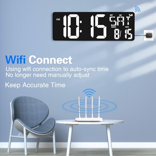 XREXS 16.5 in Large Display Wall Clock with Temperature/Date/Week, LED Big Digital Timer Clock with Remote Control, Alarm Clock for Home and Office, Auto-dimming - color: White