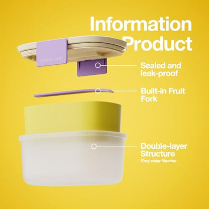 CHAKO LAB Fruit Storage Containerswith Removable Colander, Built-in fruit fork, Food Storage Containers with Lids 21oz(lemon) - color: lemon