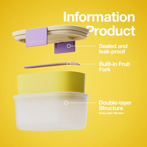CHAKO LAB Fruit Storage Containerswith Removable Colander, Built-in fruit fork, Food Storage Containers with Lids 21oz(lemon) - color: lemon