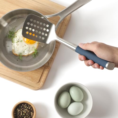 Calphalon Slotted Turner, Kitchen Flipping Spatula, Slotted Spatula, Stainless Steel Turner with Silicone Heat Resistance Handle, Nonstick-Safe Spatula for Draining and Flipping (Navy) - color: Navy Blue I, size: Slotted Turner