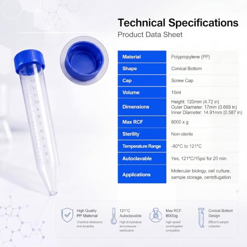 15mL Conical Centrifuge Tubes, Blue Screw Caps, Molded Graduation, 100 PCS
