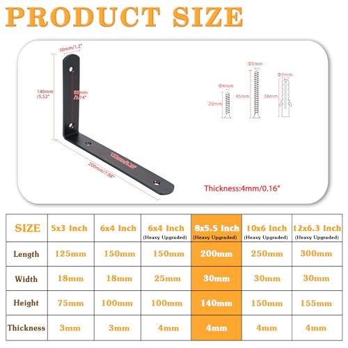 Alise Black Floating Shelf Brackets,Heavy Duty L Bracket,8x5-3/5 Inch,4 Pcs - color: Black, size: 8x5-3/5 Inch (Upgraded)