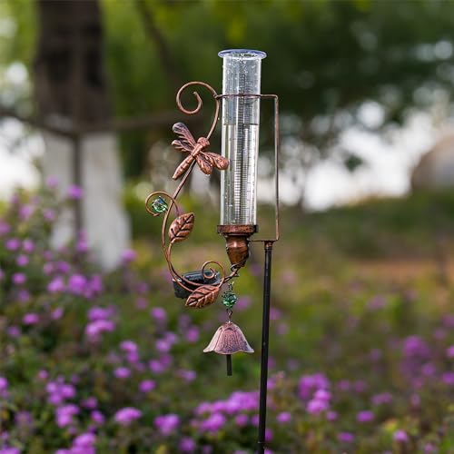 Solar Rain Gauge Outdoor, 7" Tube Dragonfly Rain Gauges - color: Dragonfly
