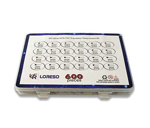 Transistor Assortment Kit Box By Loreso - 600 Piece 24 Value NPN PNP Transistor Box 2N2222 2N2907 BC327 BC337 BC556 2N3903 S9012 for Hobby Electronics, Audio-Video, Repair & Electronic Projects - style: Transistors