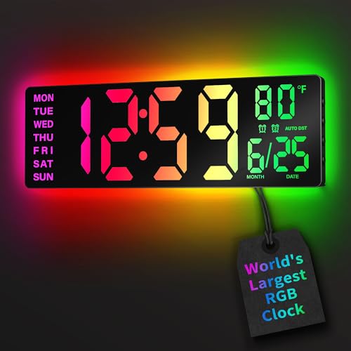 EASYERA 16.5" Large Digital Wall Clock with BT Sync,11 RGB Lights - color: Black