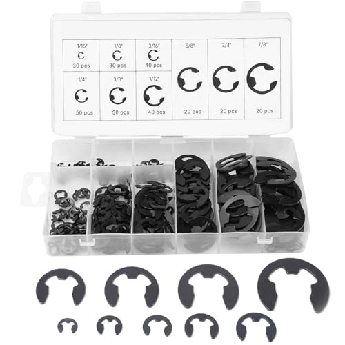 Boatsea 300Pcs E-Clip Circlip Assortment Set, External Retaining Clips Assortment Set, Alloy Steel Circlip Kit, Anti Walk Washers, Includes 17 Sizes of 1/16" - 7/8" - size: E-Clip 300PCS