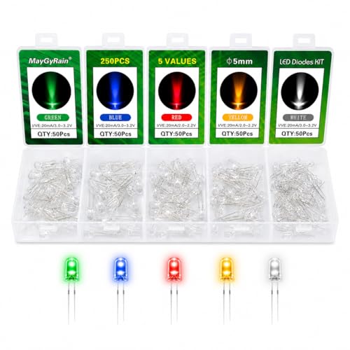250 pcs 5mm LED Diode Kit Assorted Colors (Clear Round) Bright Lighting Bulb Lamps for Arduino Electronics Projects - 5 Colors (Blue/Green/White/Yellow/Red) - style: W5mm-5color-250pcs