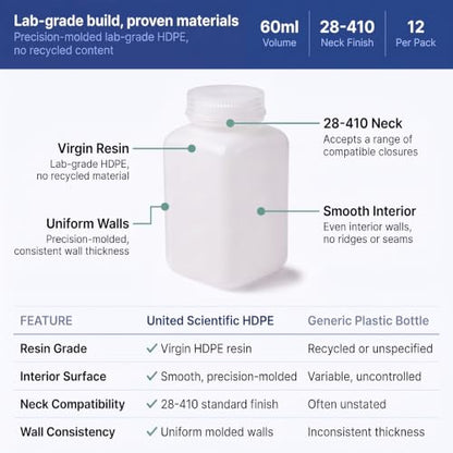 United Scientific™ HDPE Reagent Bottle, Wide Mouth, 60ml/2oz, Pack of 12 - size: 60 mL (2oz)