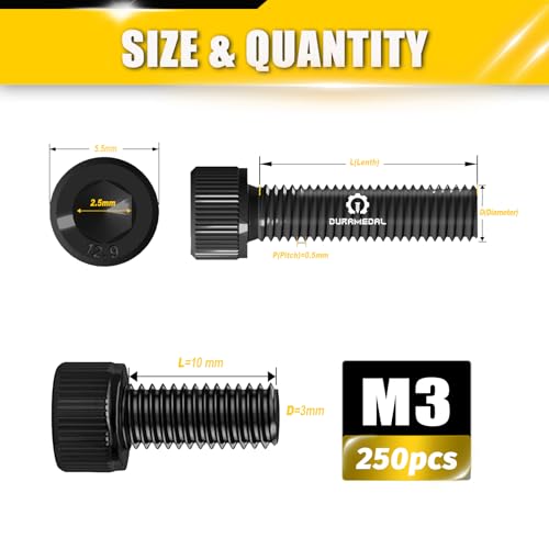 M3x10mm Screws 250pcs Hex Socket Cap 12.9 Steel Black Zinc Fully Thread - size: M3*10mm 250pcs