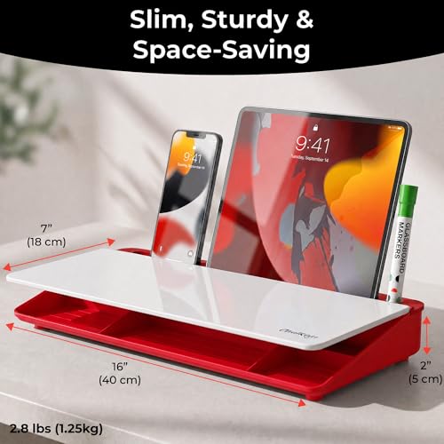 Chalkola Red/White Glass Desktop Whiteboard with Storage, Dry Erase Board - color: Red/White