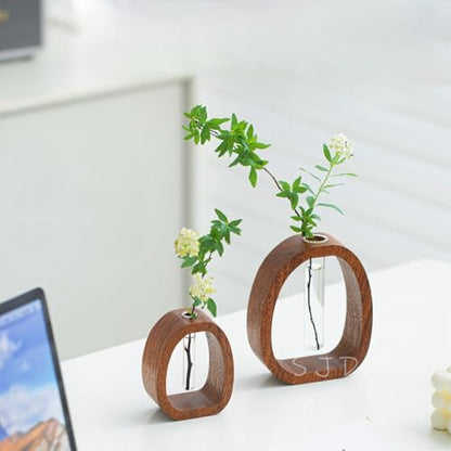 Walnut Wood Glass Flower Vase with Test Tubes | Modern Hydroponic Planter for Fresh Cut Flowers | Handcrafted Tabletop Decor for Home, Office, Farmhouse Style (Large) - size: Large