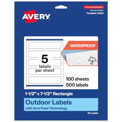 Avery Outdoor Waterproof Rectangle Labels with Sure Feed Technology, 1.5" x 7.5", White Film, Print-to-the-Edge, Compatible with Laser Printers, 500 Labels Total - style: 500 labels