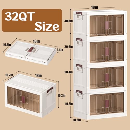 32GAL/128QT 4 tier large stackable storage bins with lid and wheels, collapsible storage bins plastic with doors，suit for clothes, closet, home and office - size: 32QT, style: 4 Pack with 1 top lid