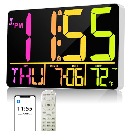 13" Bluetooth Auto Sync Wall Clock- Large Digital Alarm Clock with Remote - style: RGB Numbers