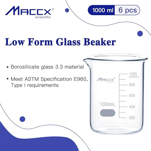 Glass Beaker, Vol. 1000ml, 3.3 Borosilicate Griffin Low Form with Printed Graduation,Pack of 6, BKL1K0-006 - style: Vol.1000ml, Pack of 6