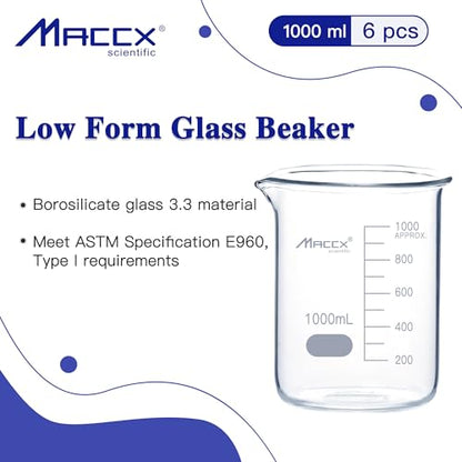 Glass Beaker, Vol. 1000ml, 3.3 Borosilicate Griffin Low Form with Printed Graduation,Pack of 6, BKL1K0-006 - style: Vol.1000ml, Pack of 6